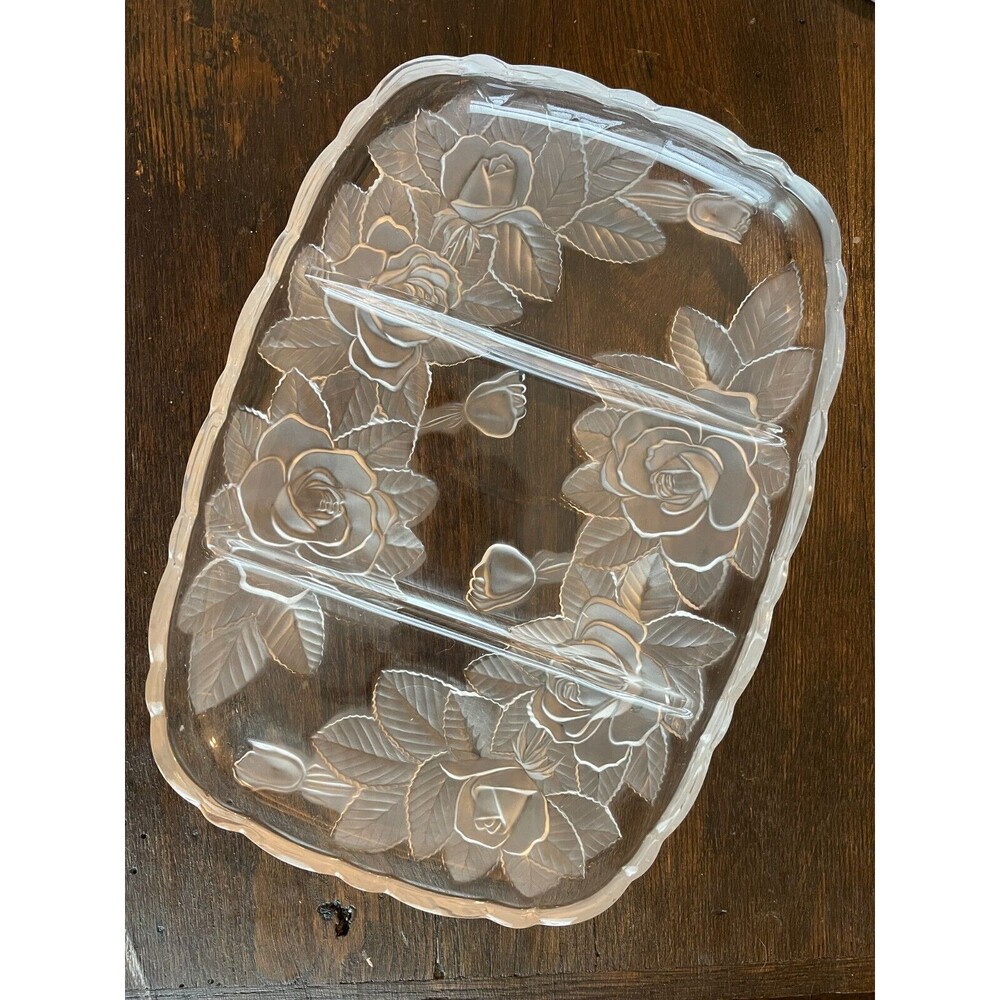 Rectangle Flower Etched Glass Serving Dish